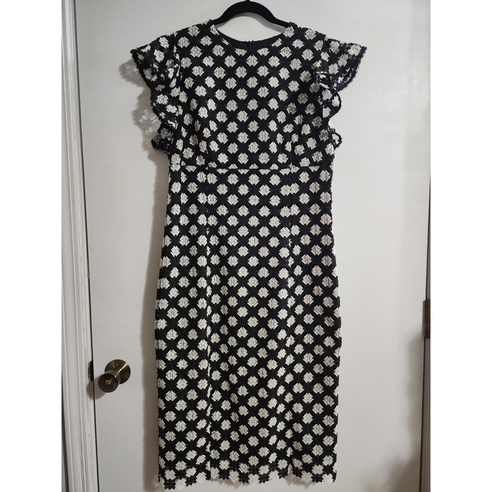 Shoshanna Black White Geometric Lace Flutter Sleeve Sheath Dress Size 12 7529800